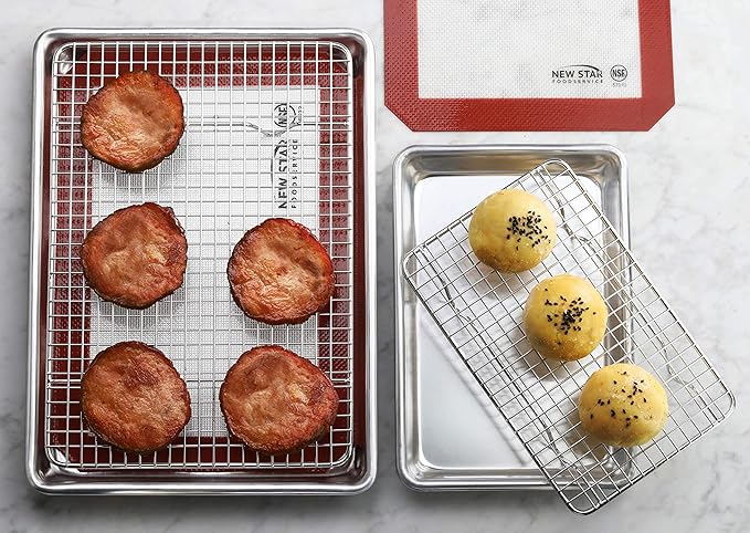 New Star Foodservice 1028768 Commercial-Grade Bun Pan/Baking Sheet, Baking Mat, Cooling Rack Combo, 1/8 and 1/4 Sizes Each
