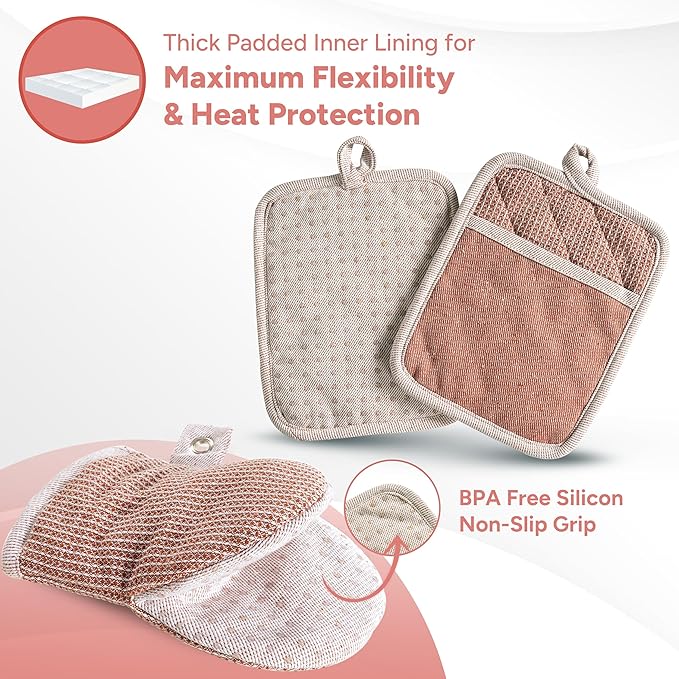 Casa Platino Potholders for Kitchens, 8-Piece – 500°F Heat Resistant Oven Mitts and Pot Holders, Mini Oven Mitts with Silicone Grip, 2 Kitchen Towels & 2 Dish Cloths – Durable & Non-Slip – Canyon Rose