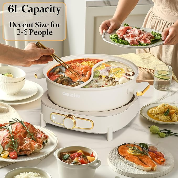 Dezin Hot Pot Electric with Divider, 6L Double-Flavor Shabu Shabu Pot, Dual Sided Removable Non-Stick Hotpot Pot Electric, 3" Depth Chinese Hot Pot with Multi-Power Control, 2 Silicone Ladles Included