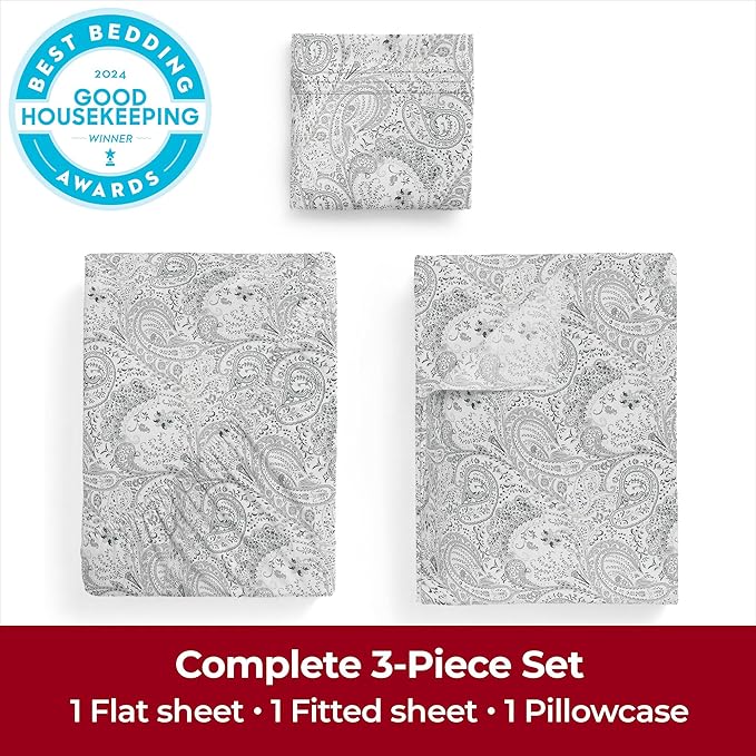 Mellanni Extra Deep Twin XL Sheets - 3 PC Iconic Collection Bedding - Luxury, Ultra Soft, Cooling Bed Sheets - Wrinkle, Fade, Stain Resistant (Twin Extra Long, Paisley Gray)