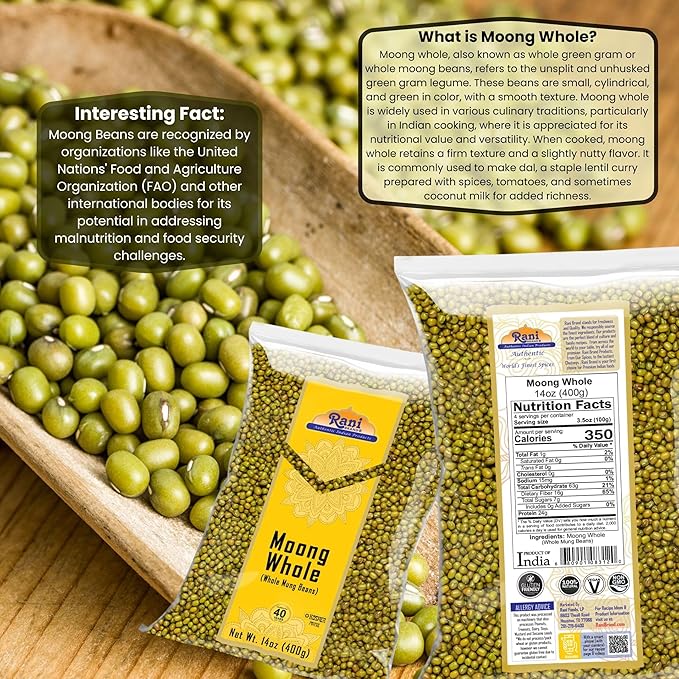 Rani Moong Whole (Ideal for cooking & sprouting, Whole Mung Beans with skin) Lentils Indian 14oz (400g) ~ All Natural | Gluten Friendly | Non-GMO | Kosher | Vegan | Indian Origin