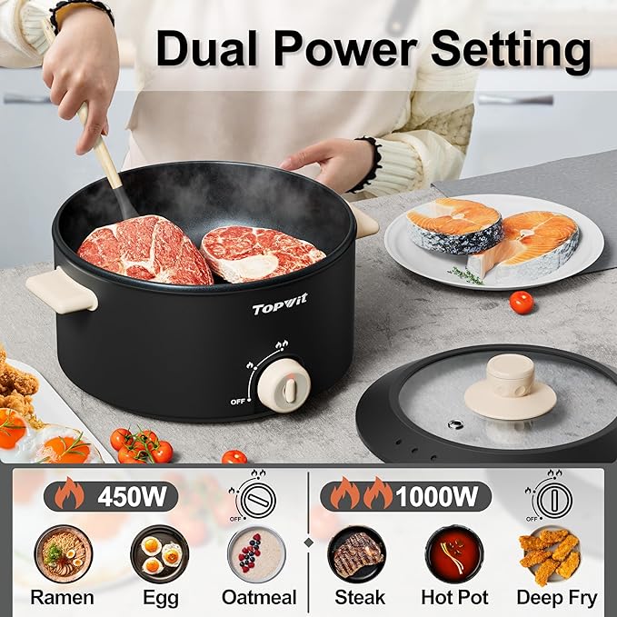 TOPWIT Hot Pot Electric, 4L Electric Pot with Non-Stick Coating, Dual Power Electric Cooker for Deep Frying, Steak, Pasta, Multi-Functional Large Capaity Shabu Shabu Pot for Party, Dark Black