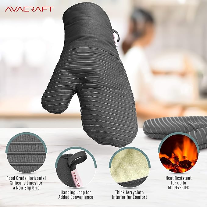 AVACRAFT Oven Mitts Pair, Flexible, 100% Cotton with Unique Heat Resistant Food Grade Silicone, Thick Terry Cloth Interior, 500 F Heat Resistant (Grey Oven Mitts)