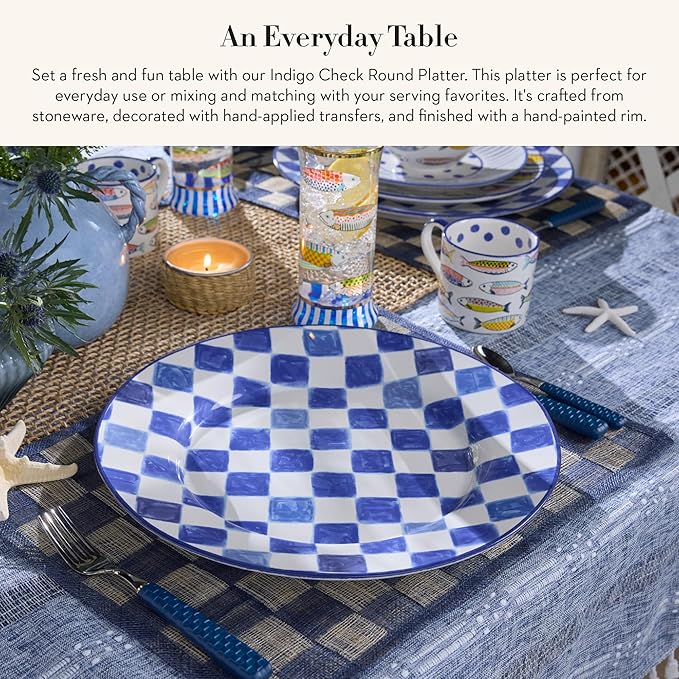 MACKENZIE-CHILDS Round Platter, Dishwasher-Safe and Microwave-Safe Stoneware Serving Platter, Indigo Check
