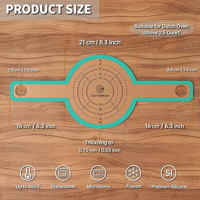 GUYDREMAT Bread Sling - Perfect Silicone Baking Mat for Sourdough Bread Baking – Superior Cast in Iron Dutch Oven Liner, 2 Pieces with Storage Band in GUY DREAM Classic Pack