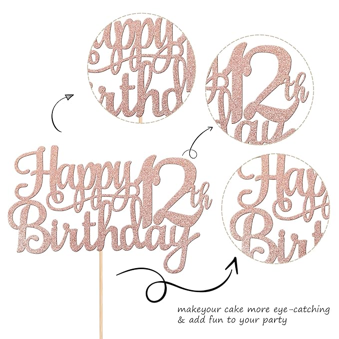 1 PCS Happy 12th Birthday Cake Topper Glitter Cheers to 12 Years Birthday Cake Pick 12 Fabulous Cake Decoration for Happy 13th Birthday Theme Party Decorations Supplies Rose Gold