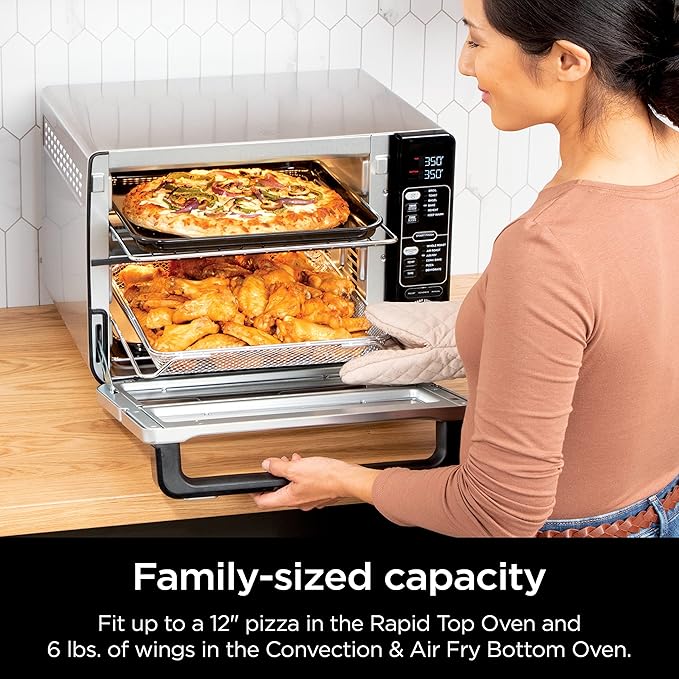 Ninja DCT451 12-in-1 Smart Double Oven with FlexDoor, Thermometer, FlavorSeal, Smart Finish, Rapid Top Convection and Air Fry Bottom , Stainless Steel