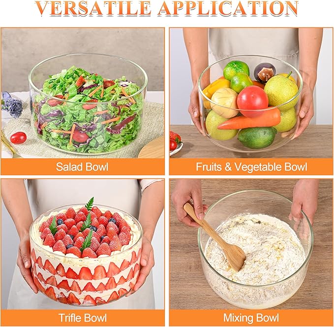 Large Salad Bowl, 10 inch Trifle Bowl Glass 197 oz, Versatile Mixing and Serving Bowls for Laying Ice Cream,Cake,Cupcake,Salad,Fruit,Baking,Dessert and Party Diy, Microwave Safe