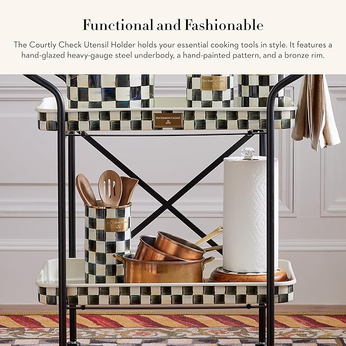 MACKENZIE-CHILDS Enamel Utensil Holder, Kitchen Utensil Holder for Countertop, Storage Caddy, Black-and-White Courtly Check