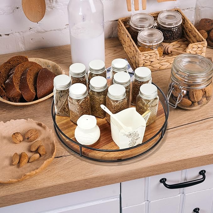 12" Acacia Wood Lazy Susan Turntable, Tomoaza Kitchen Organizer Turntable with Steel Sides, 360 Degree Lazy Susan for Countertop Cabinet or Dining Table(Black)