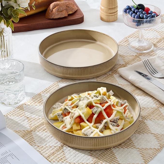 E-far Pasta Bowls Set of 4, 35oz Large Salad Bowl Plate for Dinner Serving, Wide & Shallow Ceramic Stoneware Pasta Plate, Microwave & Dishwasher Safe, Reactive Glaze Textured Stripe, Caramel Khaki