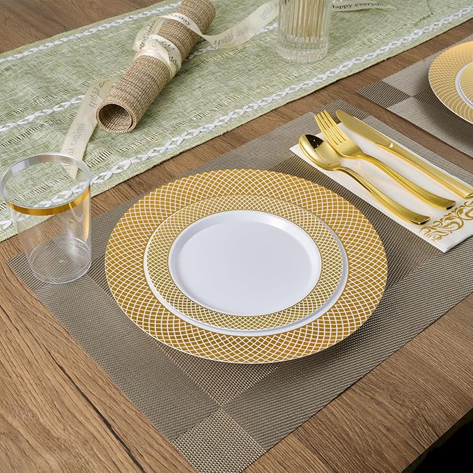 FOCUSLINE Gold Plastic Plates Set of 102, Disposable Plates with Gold Grid Rim 51 Dinner Plates 10" and 51 Salad Dessert Appetizer Plates 7", Elegant Fancy Heavy Duty Wedding Party Plates