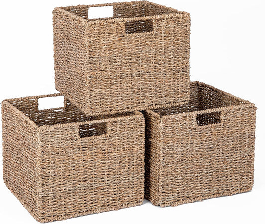 Seagrass Storage Baskets, 12X12X10in Cube Wicker Storage Basket for Shelves, Pantry Baskets Organization and Storage, Kitchen Storage Baskets, Bathroom Shelves Storage Basket Set of 3
