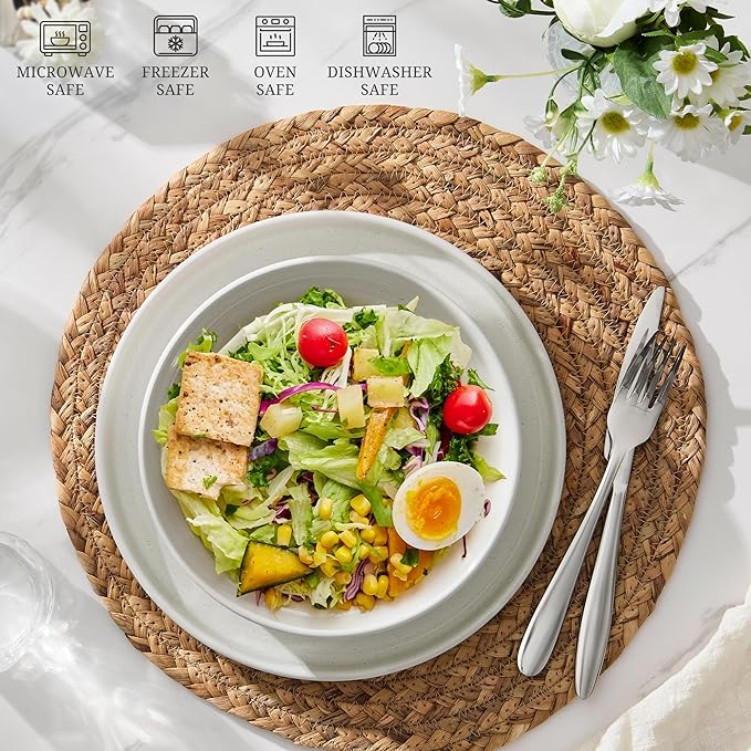 E-far Pasta Bowls Set of 4, 35oz Large Salad Bowl Plate for Dinner Serving Soup, Wide & Shallow Ceramic Stoneware Pasta Plates, Microwave & Dishwasher Safe, Textured Stripes & Speckled White, 8”