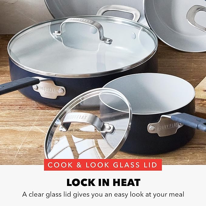 GreenPan x Bobby Flay 13 Piece Nonstick Cookware Pots and Pans Set, PFAS-Free Diamond Ceramic, Induction Suitable, Easy Clean Dishwasher & Oven Safe, Stay-Cool Silicone Handles, Glass Lids, Navy Blue