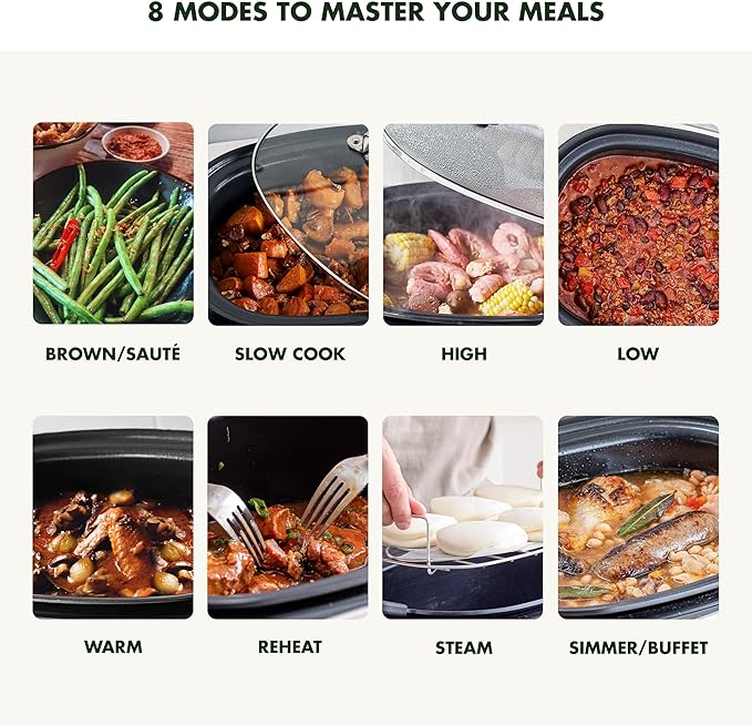 GreenPan Elite 8-in-1 Programmable 6QT Electric Slow Cooker, Dishwasher Safe Lid & Removable Crock, PFAS-Free Healthy Ceramic Nonstick Multi-Cooker, Sear, Sauté, Brown, Steam Basket, Roast, White