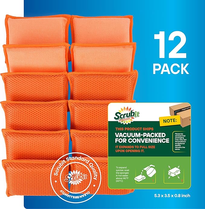 SCRUBIT Reusable Sponges for Dishes - 12 Pack Microfiber Sponges Kitchen Dish Scrubber, Machine Washable & Non-Scratch Scrubbers (Orange)