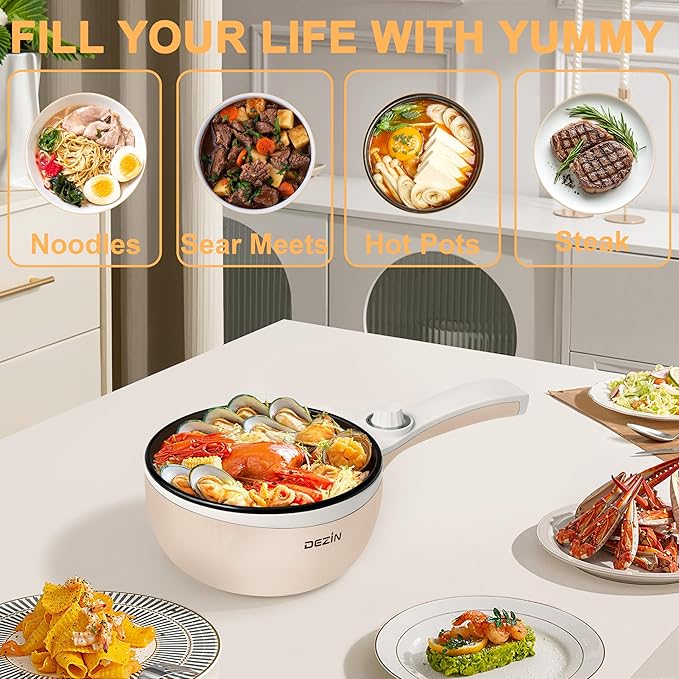 Dezin Hot Pot Electric Upgraded, Non-Stick Sauté Pan, Rapid Noodles Electric Pot, 1.5L Mini Portable Hot Pot for Steak, Egg, Fried Rice, Ramen, Oatmeal, Soup with Power Adjustment