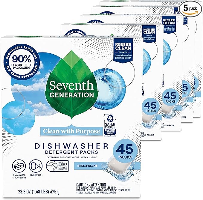 Seventh Generation Dishwasher Detergent Packs Free & Clear Pack of 5 for sparkling dishes Dishwasher tabs 45 count