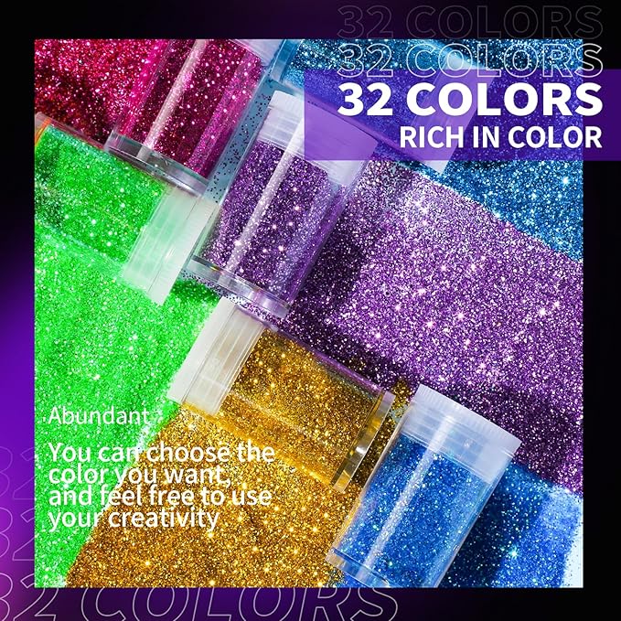 LEOBRO Glitter, Fine Glitter for Resin, Set of 32 Colors, for Nail Body Tumbler Arts and Crafts