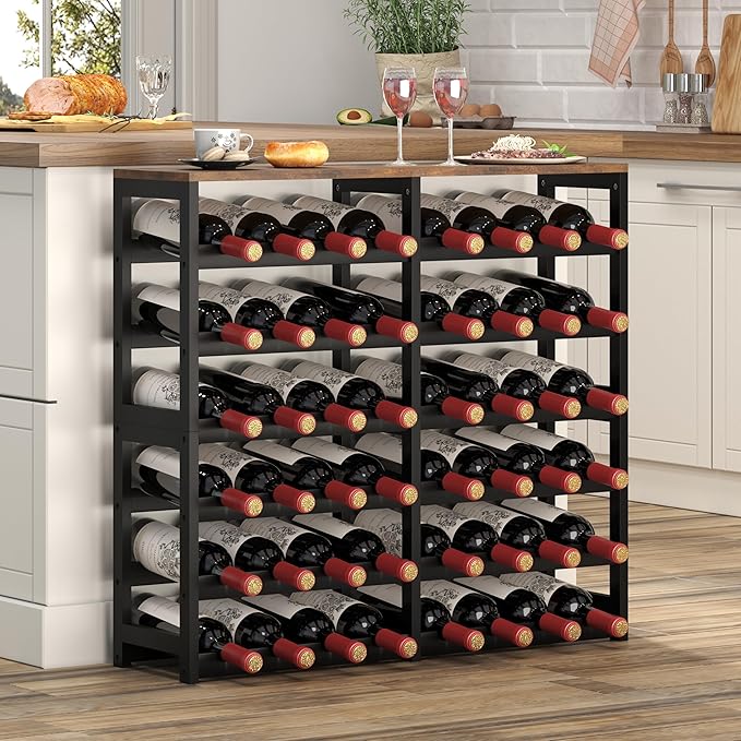 6 Tier Bamboo Wine Rack with Table Top, Freestanding 48-Bottle Wine Storage Shelf, Wine Display for Kitchen, Bar, Dining Room, Living Room, Rustic Brown and Black