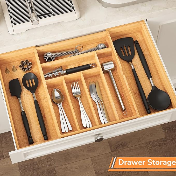 BAMEOS 3" Deepth Expandable Drawer Organizer, Deep Flatware Organizer, Adjustable Silverware Organizer, Bamboo Drawer Organizer for Kitchen, Bathroom (Natural)