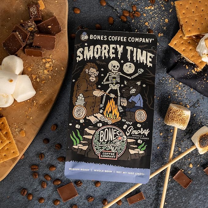 Bones Coffee Company S'morey Time, S'mores and Graham Crackers Flavored Coffee, Medium Roast Low Acid Arabica Beans Compatible with Auto drip and French Press Coffee Maker, 12 Oz Whole Bean