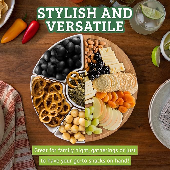 Ceramic Taco Serving Platter - Divided Serving Tray for Taco Tuesday Lazy Susan Taco Bar - Chip and Dip Serving Set for Party - Appetizer Serving Tray for Salsa, Snacks (10 in)