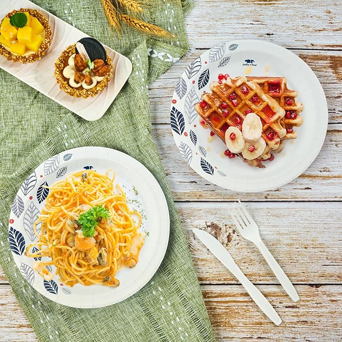 JOLLY CHEF 280 Count Paper Plates 8 inch Soak Proof, Cut Proof, Heavy Duty Leaf Printed Disposable Paper Plates for Everyday Use