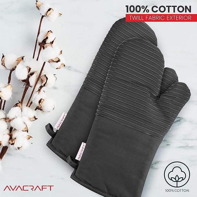 AVACRAFT Oven Mitts Pair, Flexible, 100% Cotton with Unique Heat Resistant Food Grade Silicone, Thick Terry Cloth Interior, 500 F Heat Resistant (Grey Oven Mitts)