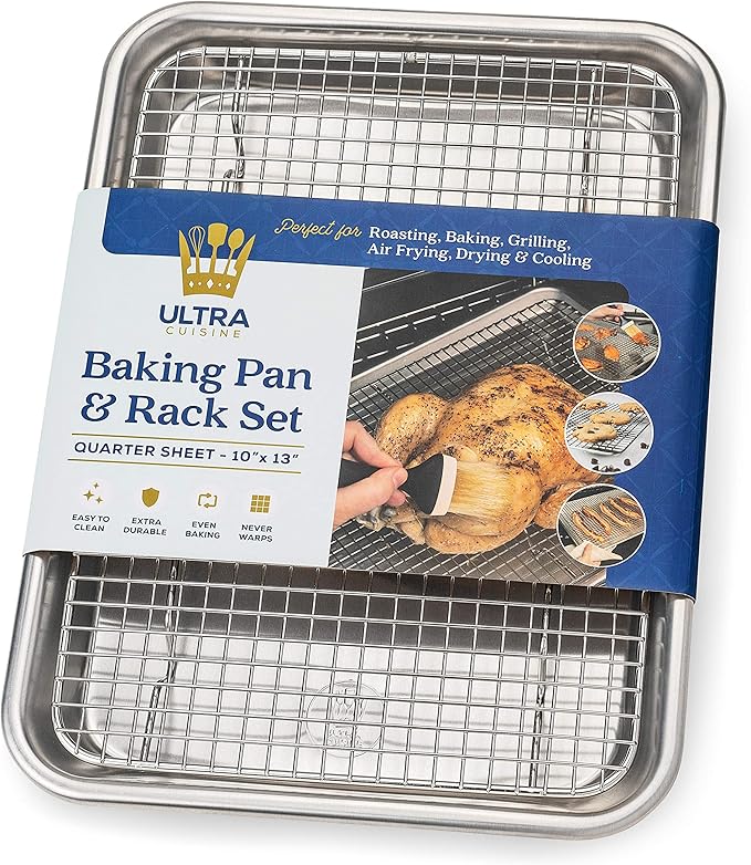 Ultra Cuisine Quarter Sheet Pan with Wire Rack Set - Includes Premium Aluminum Baking Sheet with 100% Stainless Steel Baking Rack, Dishwasher Safe Cookie Cooling Racks with 1/4 Pan Commercial Quality