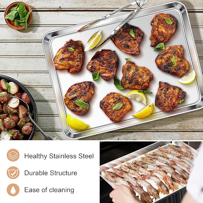 E-far Baking Sheets Set of 4, 16” x12” x 1” Stainless Steel Cookie Sheets Pans for Oven, Non-toxic Metal Trays for Baking Cake Cookie, Healthy & Rust Free, Mirror Finish & Dishwasher Safe