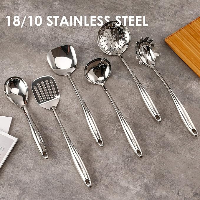 18/10 Stainless Steel Cooking Utensils Set with Holder, 7-Pieces All Metal Kitchen Utensils, 15’’ Long Kitchen Tools with Countertop Rotating Stand, Spatula, Ladle, Skimmer, Tunner, Pasta, Large Spoon