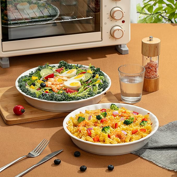 Brew To A Tea - Classic White Ceramic Pie Dish Set, 2 Pcs, 10.5" & 9.5", Pie Pans for Baking, Deep Dish Pie Plate