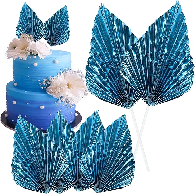 Gyufise 6Pcs Paper Palm Fan Cake Toppers Palm Spear Leaves Fan Cupcake Toppers Cake Insert Decorations Craft DIY Cake Bakeware Decoration for Birthday Party Wedding Party Decor Supplies Light Blue