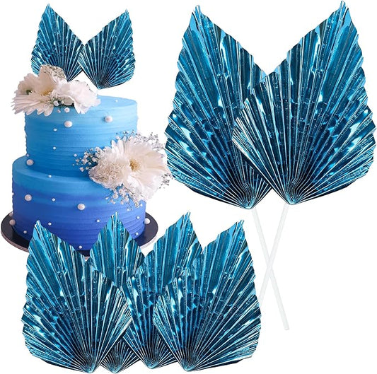 Gyufise 6Pcs Paper Palm Fan Cake Toppers Palm Spear Leaves Fan Cupcake Toppers Cake Insert Decorations Craft DIY Cake Bakeware Decoration for Birthday Party Wedding Party Decor Supplies Light Blue
