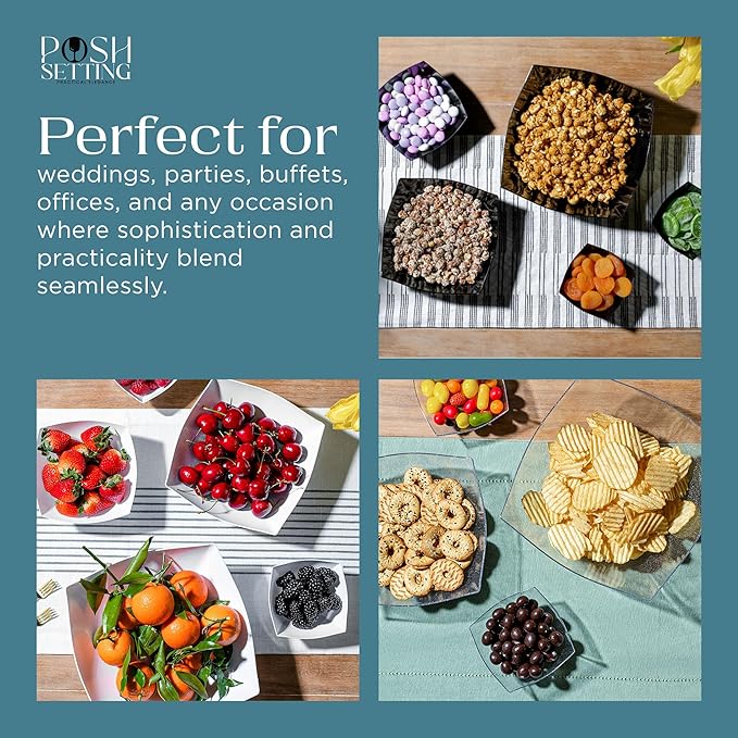 Posh Setting White Plastic Serving Bowls Disposable - Square Bowls - Square Candy Bowl - Plastic Snacks & Chip Bowls for Parties - White, Gold & Clear, Black Serving Dishes, 64 OZ, 4 Pack