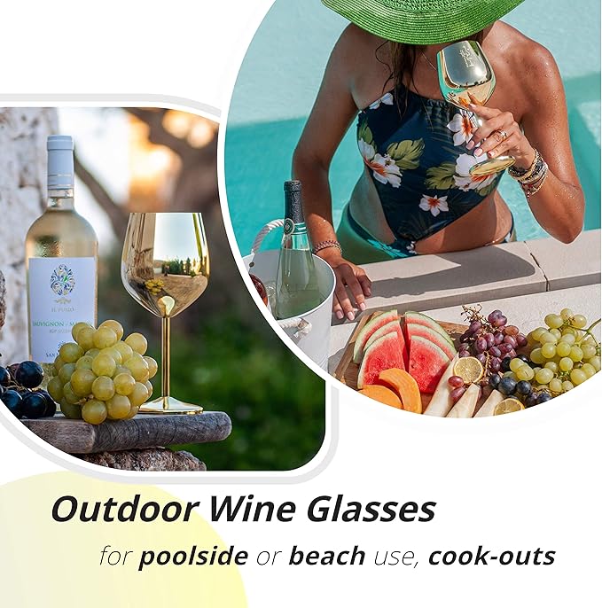 Gusto Nostro Stainless Steel Wine Glass - 18 oz Unbreakable Gold Wine Glasses for Travel, Camping and Pool - Fancy, Unique and Cute Portable Metal Wine Glass for Outdoor Events, Picnics (Set of 4)