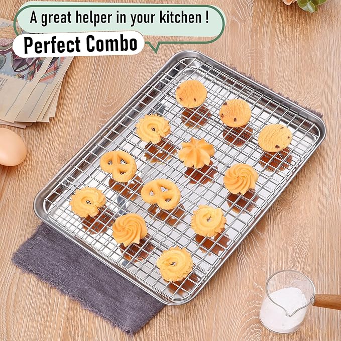 Quarter Sheet Pan with Wire Rack Set (2 Baking Sheets+2 Racks), Homikit Stainless Steel Baking Tray with Grid Cooling Rack for Toaster Oven Roasting, Metal Bacon Cookie Jelly Roll Pan, 12" x 10" Inch