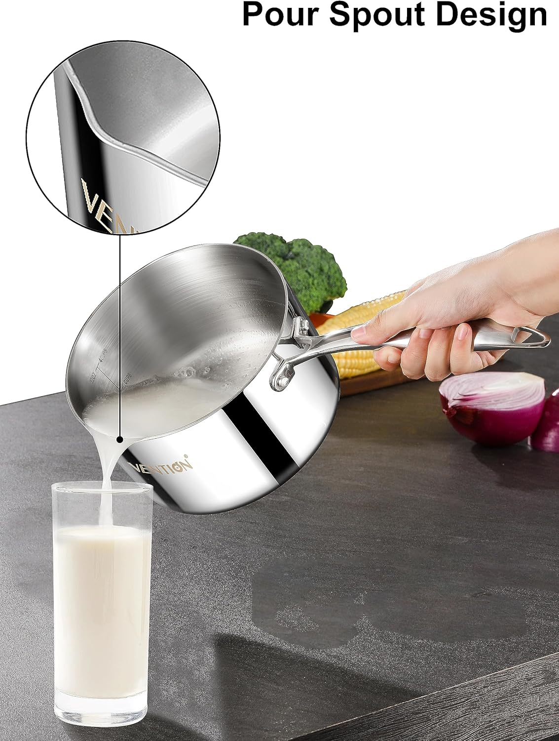 VENTION Tri-Ply Stainless Steel 1 Quart Saucepan with Lid, Bright Small Sauce Pan with Pour Spout, Small Pots for Cooking, Right Hand
