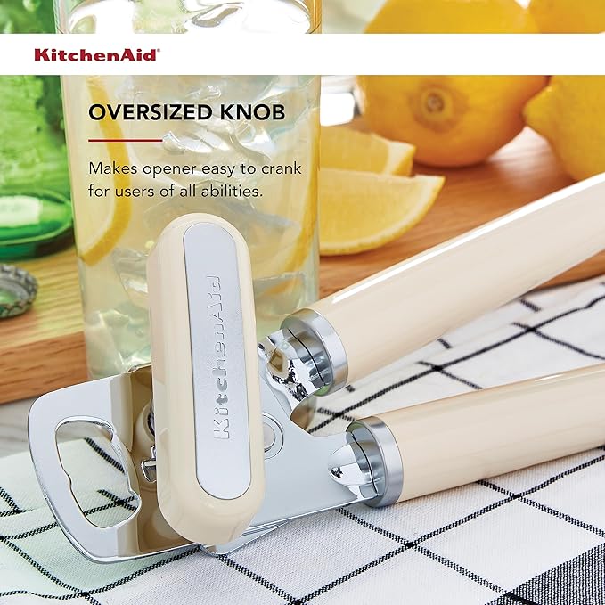 KitchenAid Classic Multifunction Can Opener and Bottle Opener Easy to Use, Razor Sharp Stainless Steel Cutting Wheel, Soft Ergonomic Handles, Almond Cream
