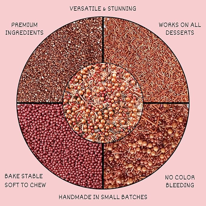 Confect Metallic Sprinkles Mix –Edible Pearl Dragees in Copper, Bronze & Rose Gold – Jimmies & Sparkling Sugar – Elegant Sprinkles for Cake & Cupcake Decorating- Vegan, Gluten-Free, Nut-Free, Soy-Free, Dairy-Free, Palm Oil-Free- 5 Oz