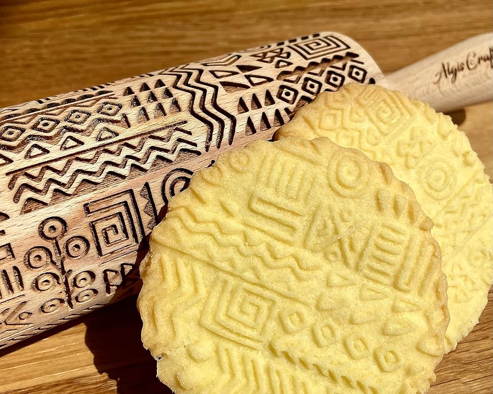 TRIBAL Embossing Rolling Pin. Laser Engraved Dough Roller for Embossed Cookies or Pottery by Algis Crafts