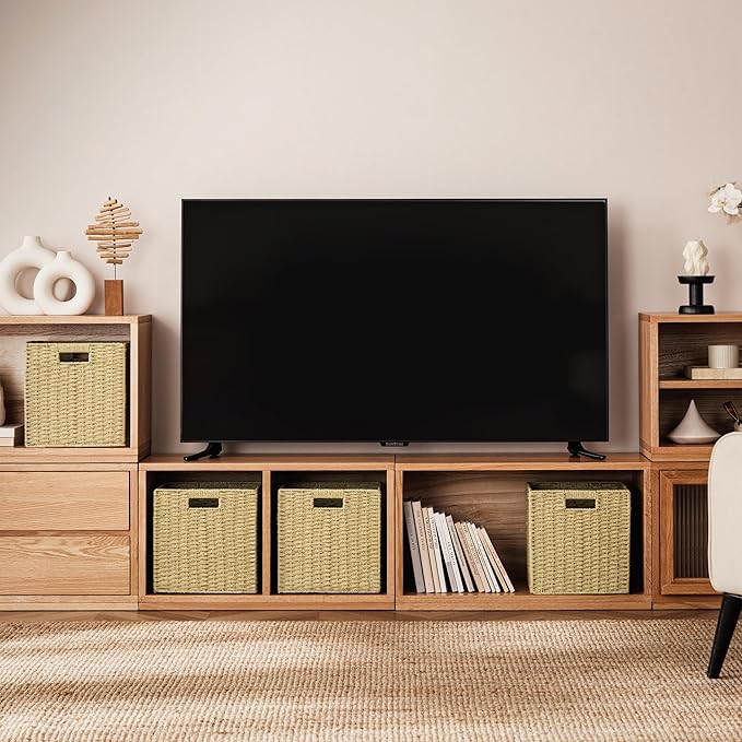 UBBCARE 3 Pack Wicker Basket, 11L×11H×10.5W inch Woven Paper Rope Storage Baskets for shelves, Foldable Cube Storage bin with Handle, Storage Basket for Organizing & Decor, Natural