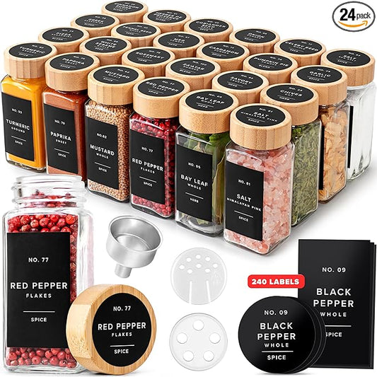 EDELHAUS® Square Spice Jars with Bamboo Wooden Lid (Pack of 24) Spice Jars with Shaker Insert and 240 Labels - Bamboo Lid Glass Container for Spice Organisation [4.3 in × 1.8 in]