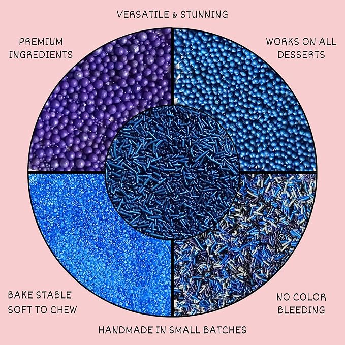 Confect Edible Cake Sprinkles – Decorating Mix | Navy & Blue Purple Pearls, Silver & Black Jimmies, Blue Sparkling Sugar | Sprinkles for Cake, Cupcake & Cookie Decoration - Vegan, Gluten-Free, Nut-Free, Soy-Free, Dairy-Free, Palm Oil-Free-5 Oz