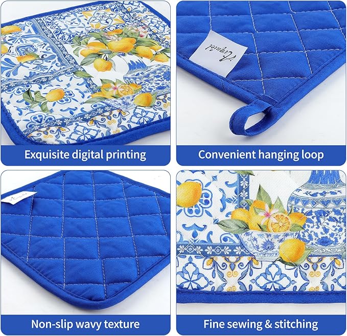 Yellow Lemon Oven Mitts and Pot Holders Sets 4Pcs, 100% Cotton Heat Resistant, Extra Long Oven Gloves Potholder for Kitchen Cooking Baking Decoration