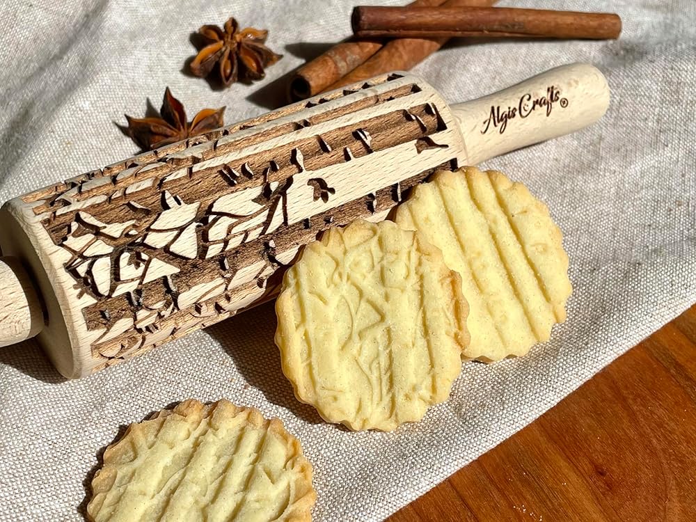SEASONS 3 Mini Embossed Rolling Pin Set. Wooden Laser Cut Mini Rolling Pins for cookies or clay with spring flowers, tulips, daffodils, strawberries, raspberries, birch, trees by Algis Crafts