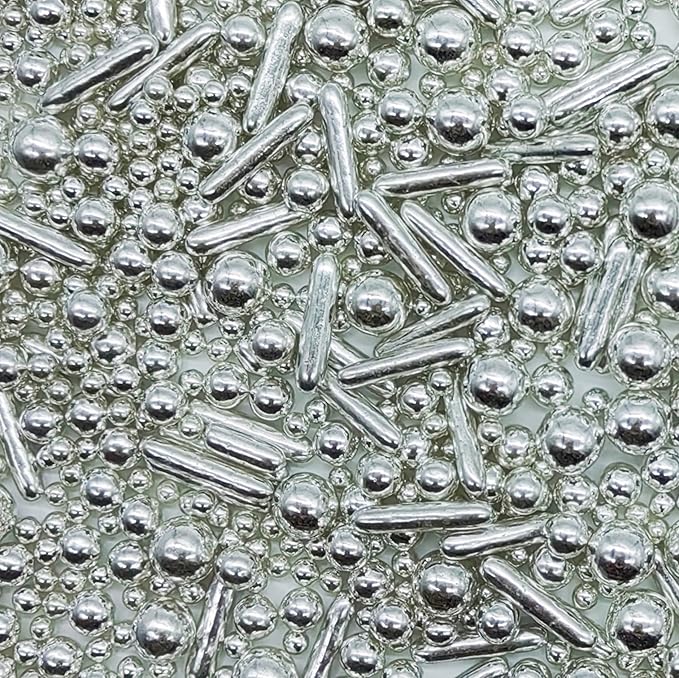 Silver Sprinkles Candy Mix Size Edible Pearls Cake Decorations Cupcake Toppers Cookie Decorating Perfect for Wedding Party Valentine Halloween Christmas Supplies 4.58OZ