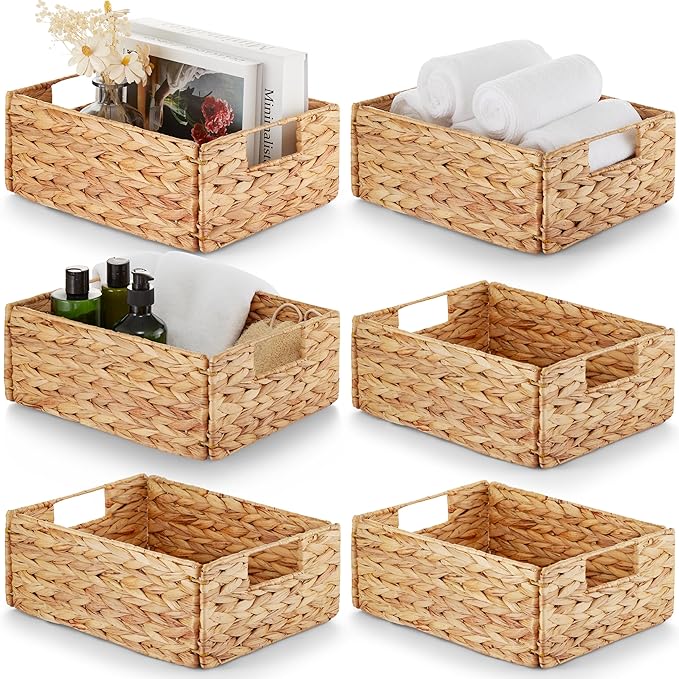 BLUEWEST Water Hyacinth Storage Baskets (Set of 6) – Woven Hyacinth Organizer with Carrying Handles, Laundry Basket for Organizing, Rattan Bin for Shelves